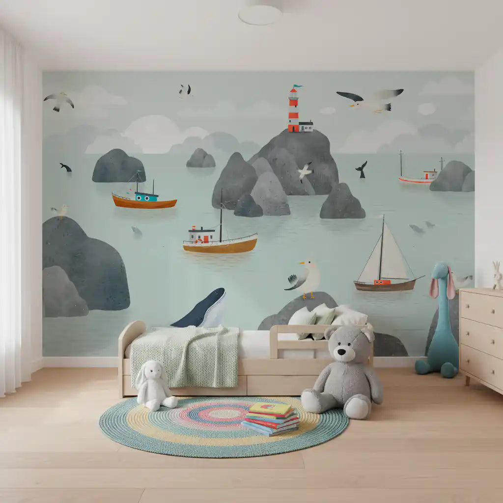 Nautical ocean mural lighthouse boats and seagulls wall mural