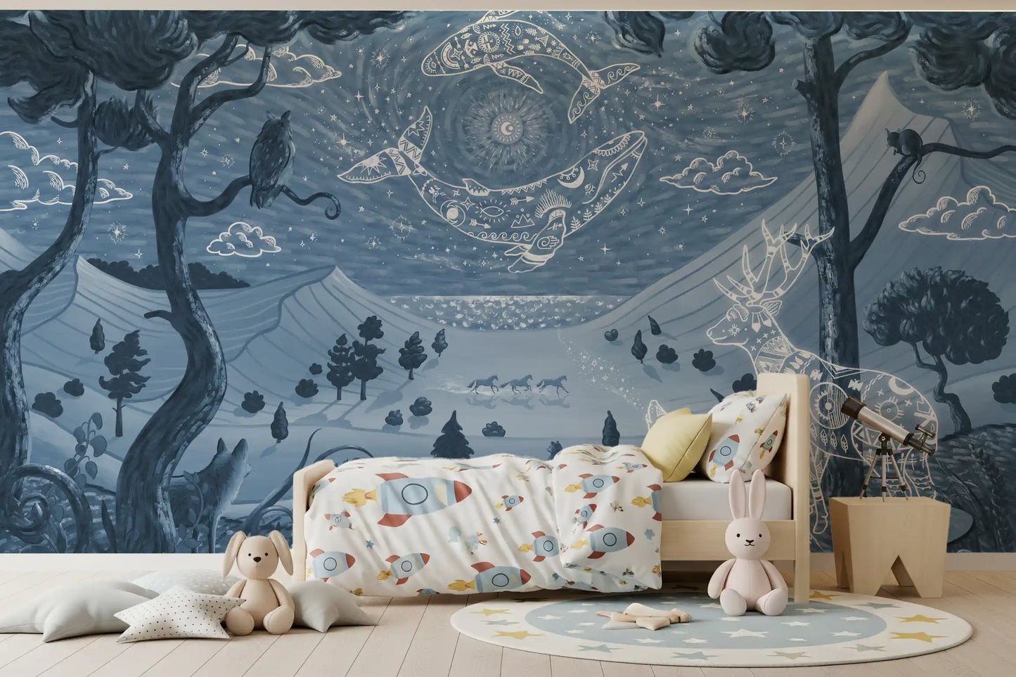 Blue tone fantasy forest mural spirit night celestial animals wall mural