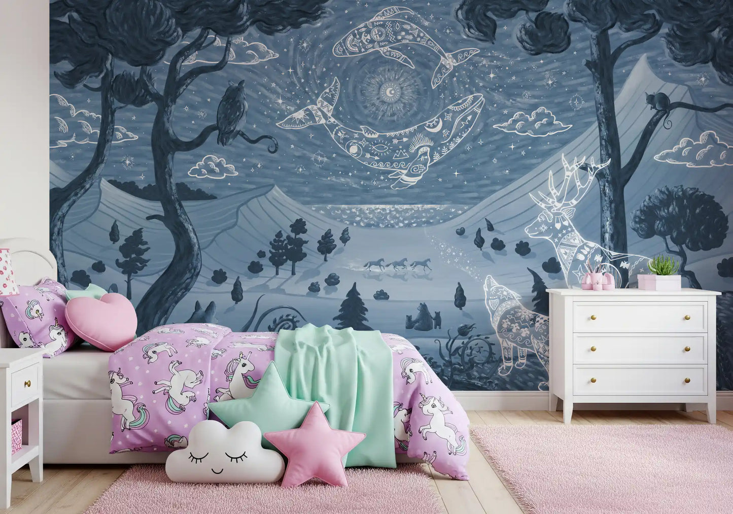 Fantasy landscape animal mural spirit night blue celestial wall mural