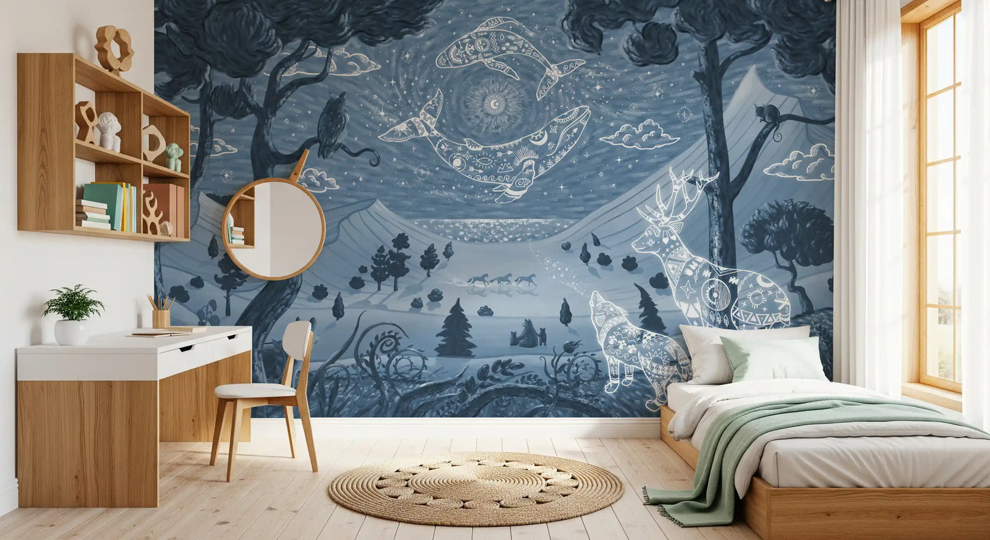 Symbolic animal forest mural kids room spirit night blue wall mural