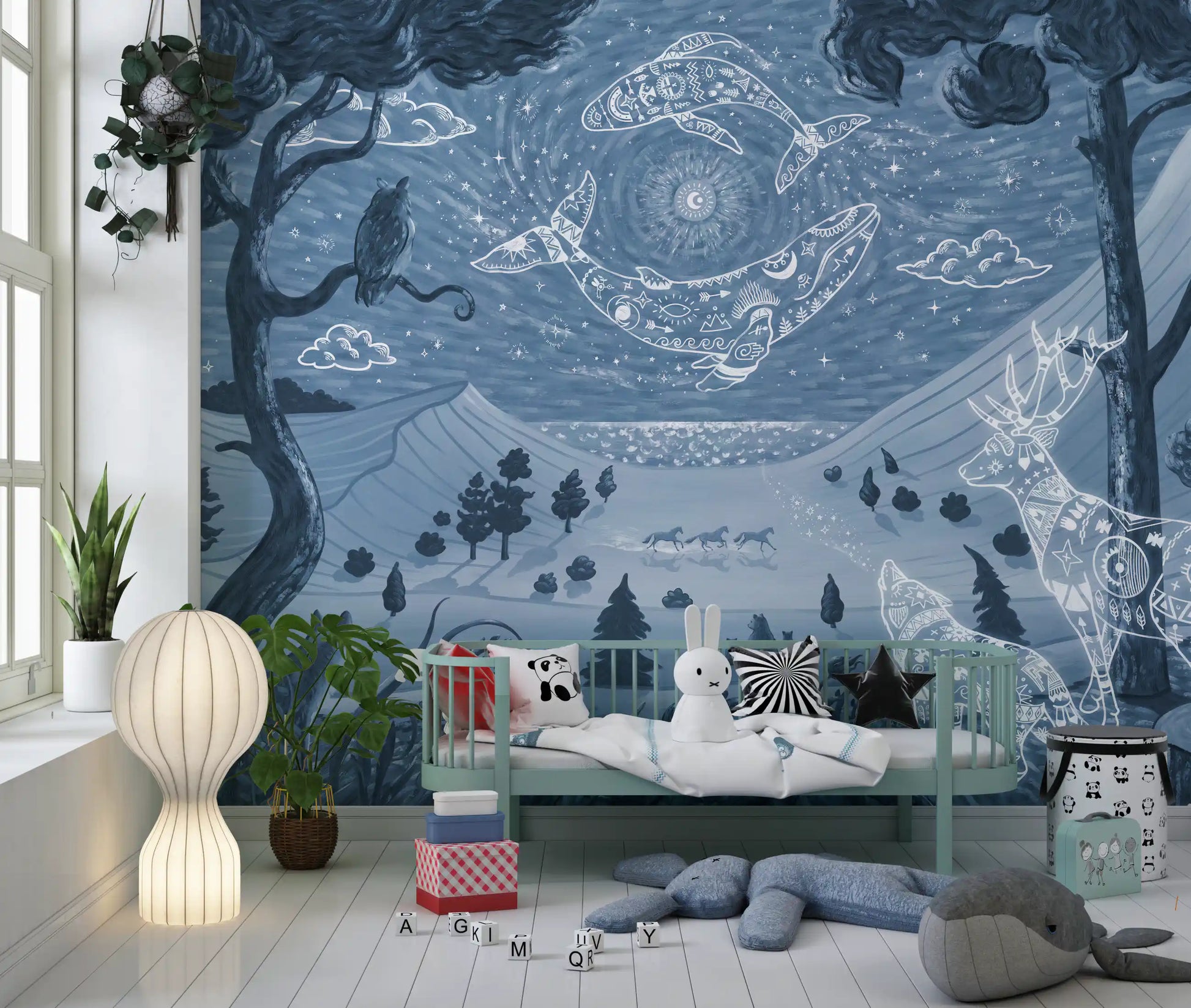 Symbolic wildlife celestial mural spirit night blue forest wall mural