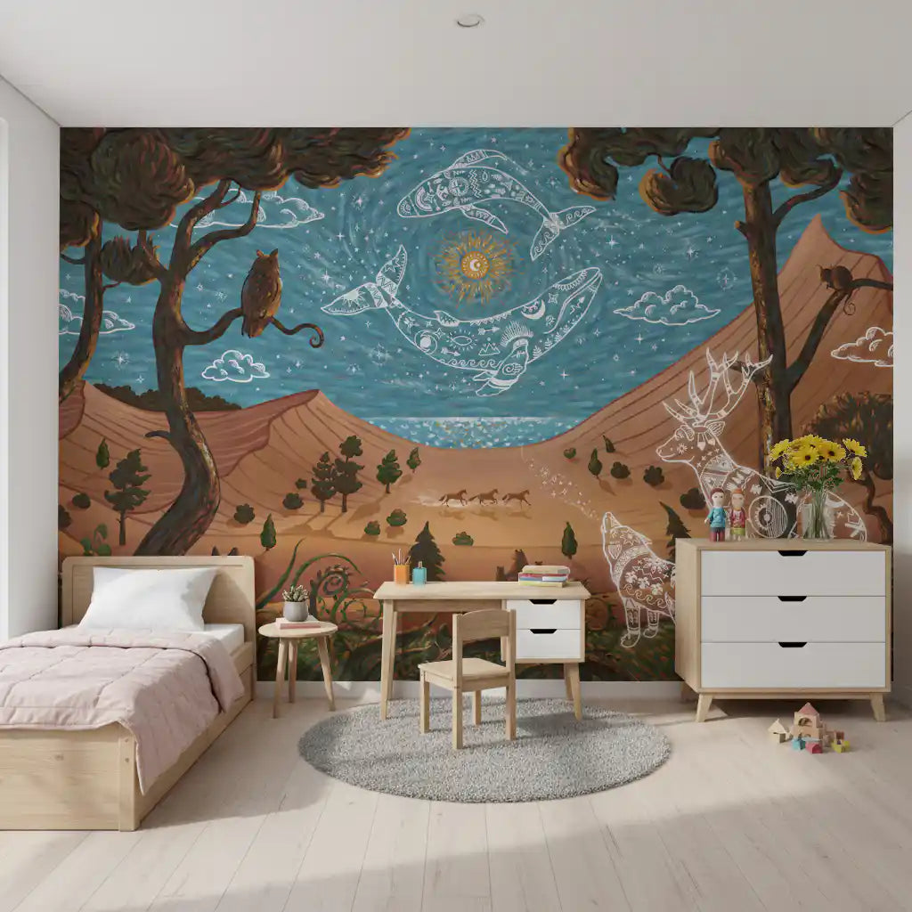 Scenic Night fantasy wall mural with forest, wildlife, and sky illustration