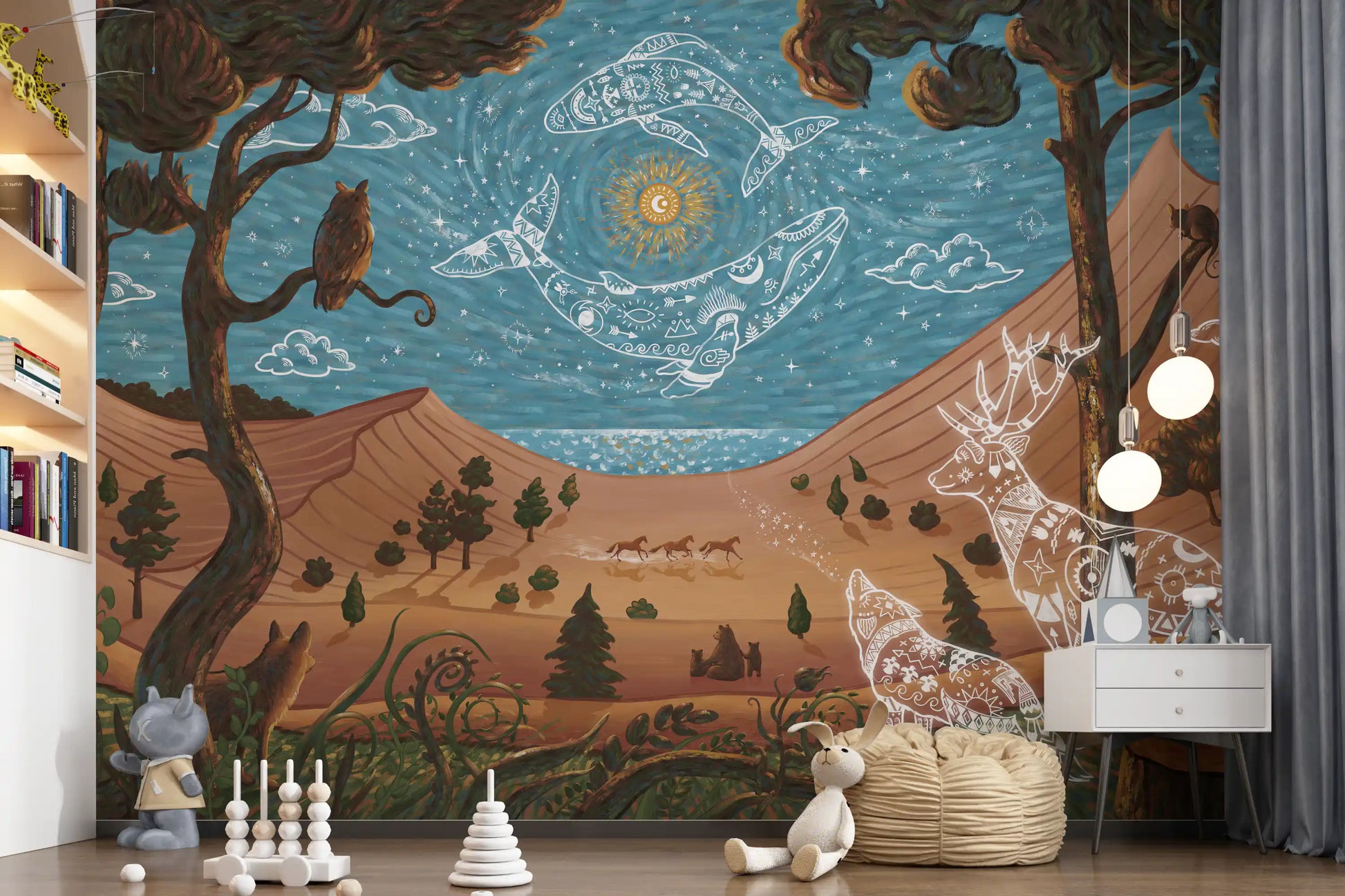 Children room styled fantasy forest wall mural with glowing deer and wolf