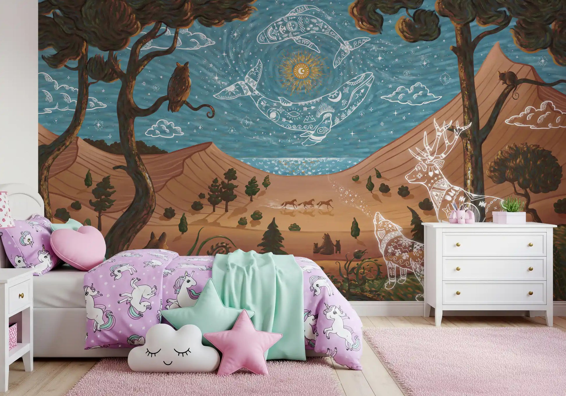 Night scene wall mural with trees, mountains, and cosmic sky elements