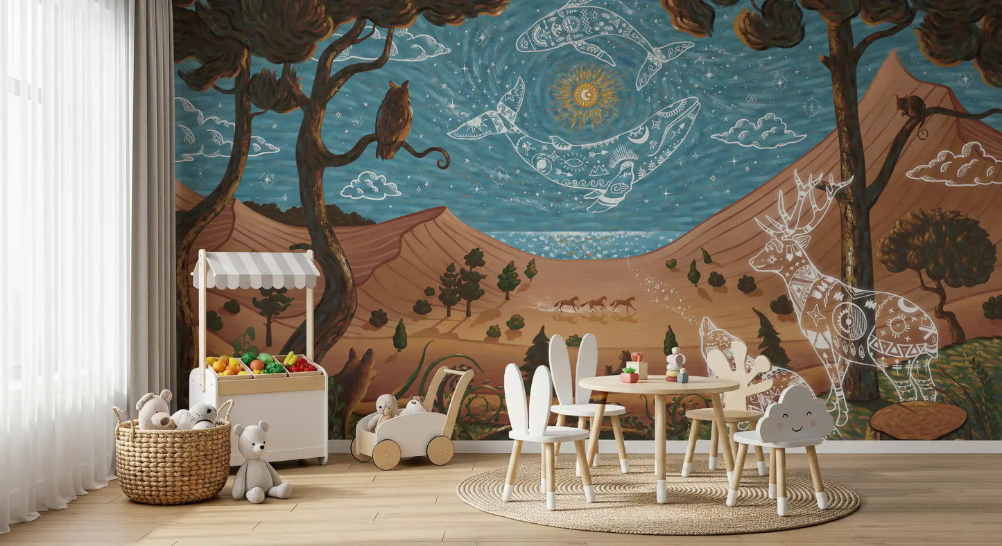 Play area interior using spiritual nature wall mural with celestial sky