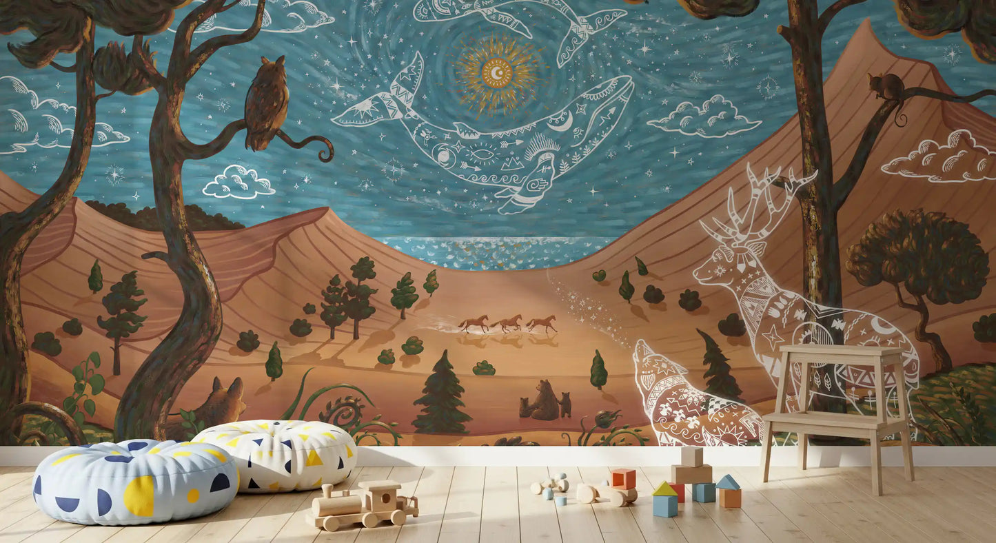 Spirit Night Artistic wall mural with spiritual symbols and woodland landscape