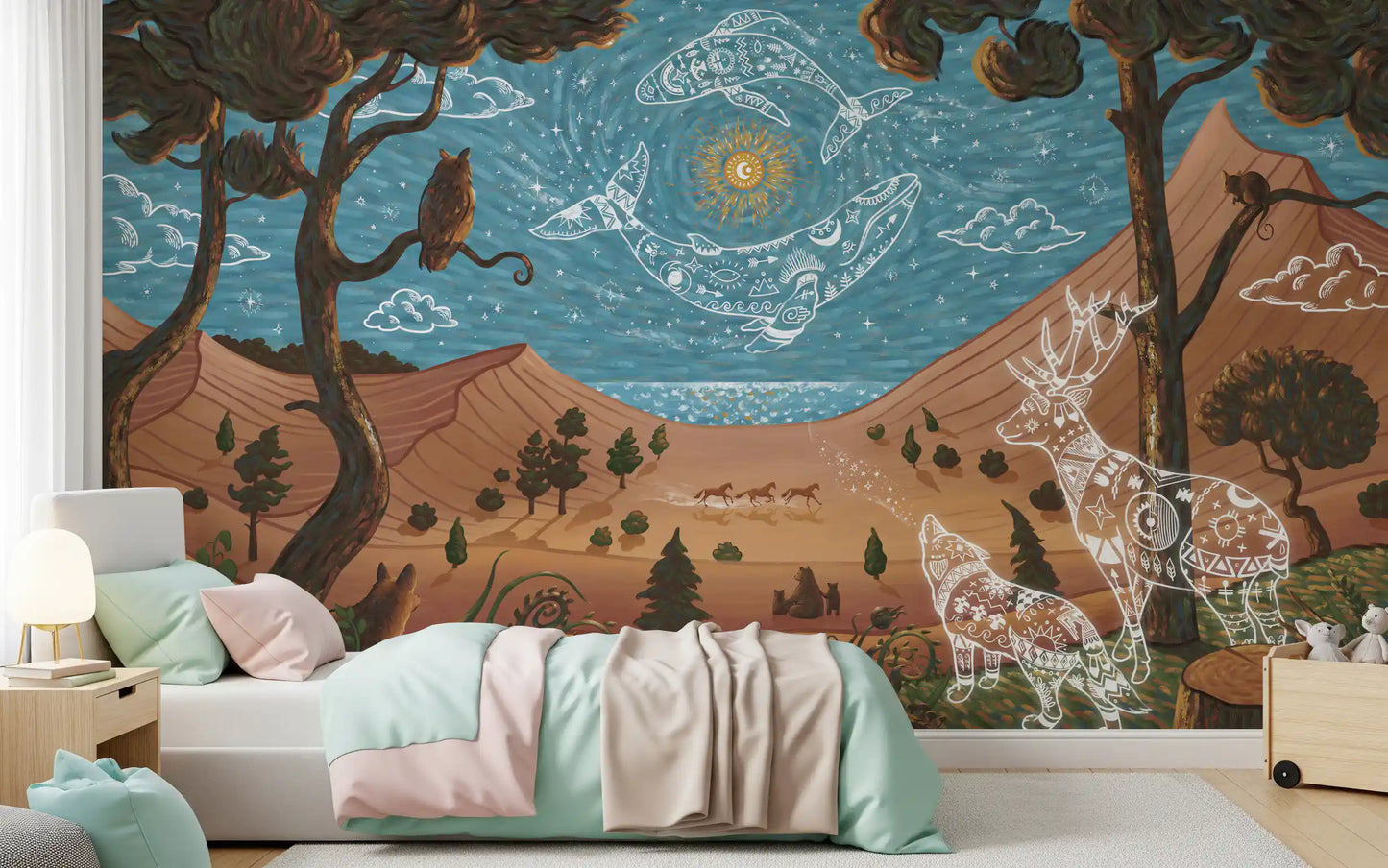 Spirit Fantasy nature wall mural with glowing animal figures and star details