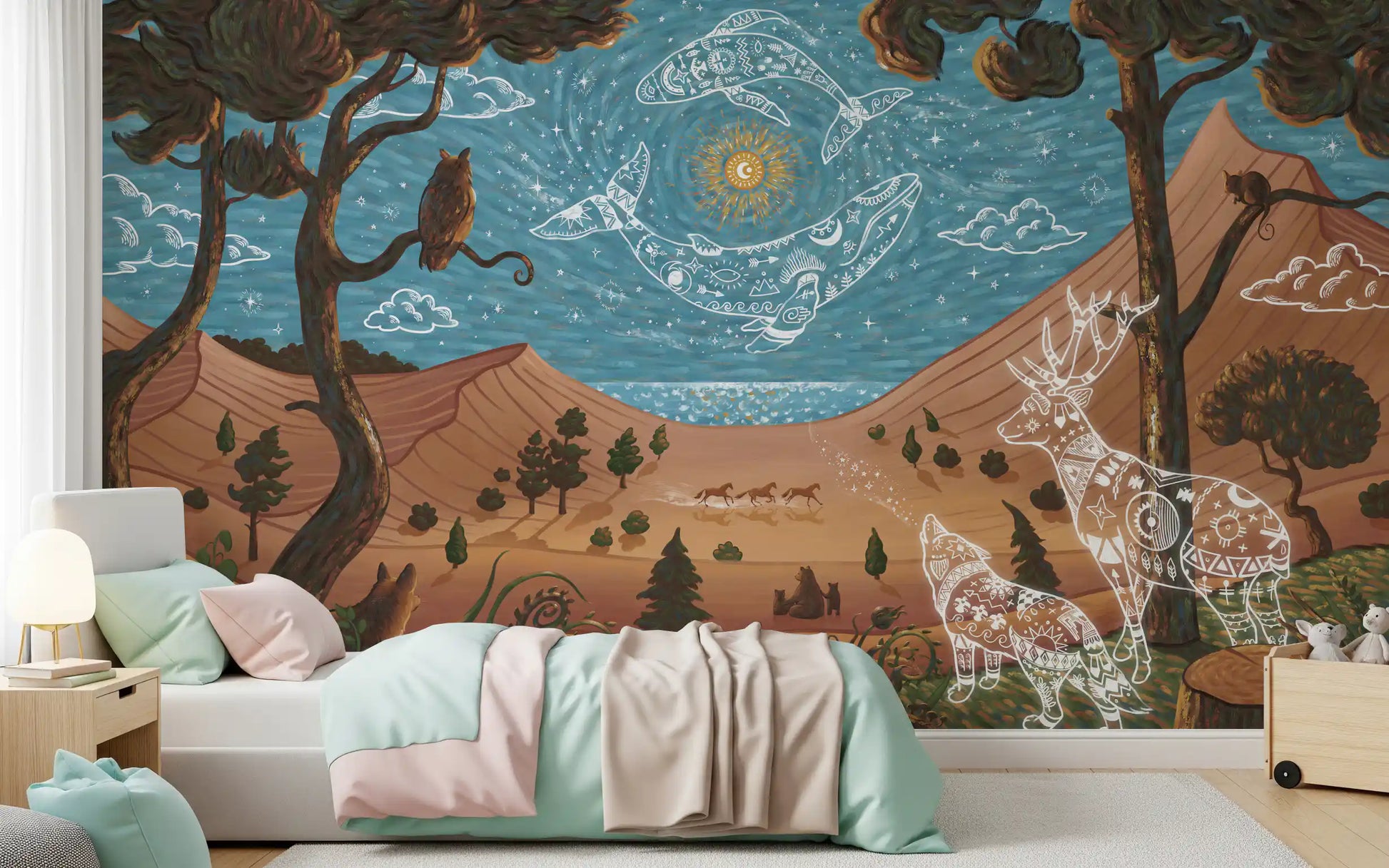 Spirit Fantasy nature wall mural with glowing animal figures and star details