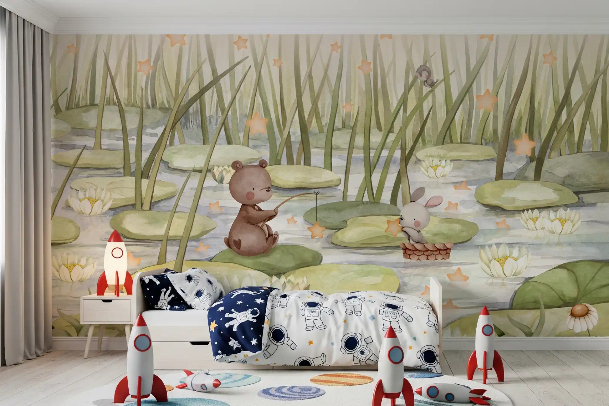 Whimsical pond wall mural with animals and watercolor texture design