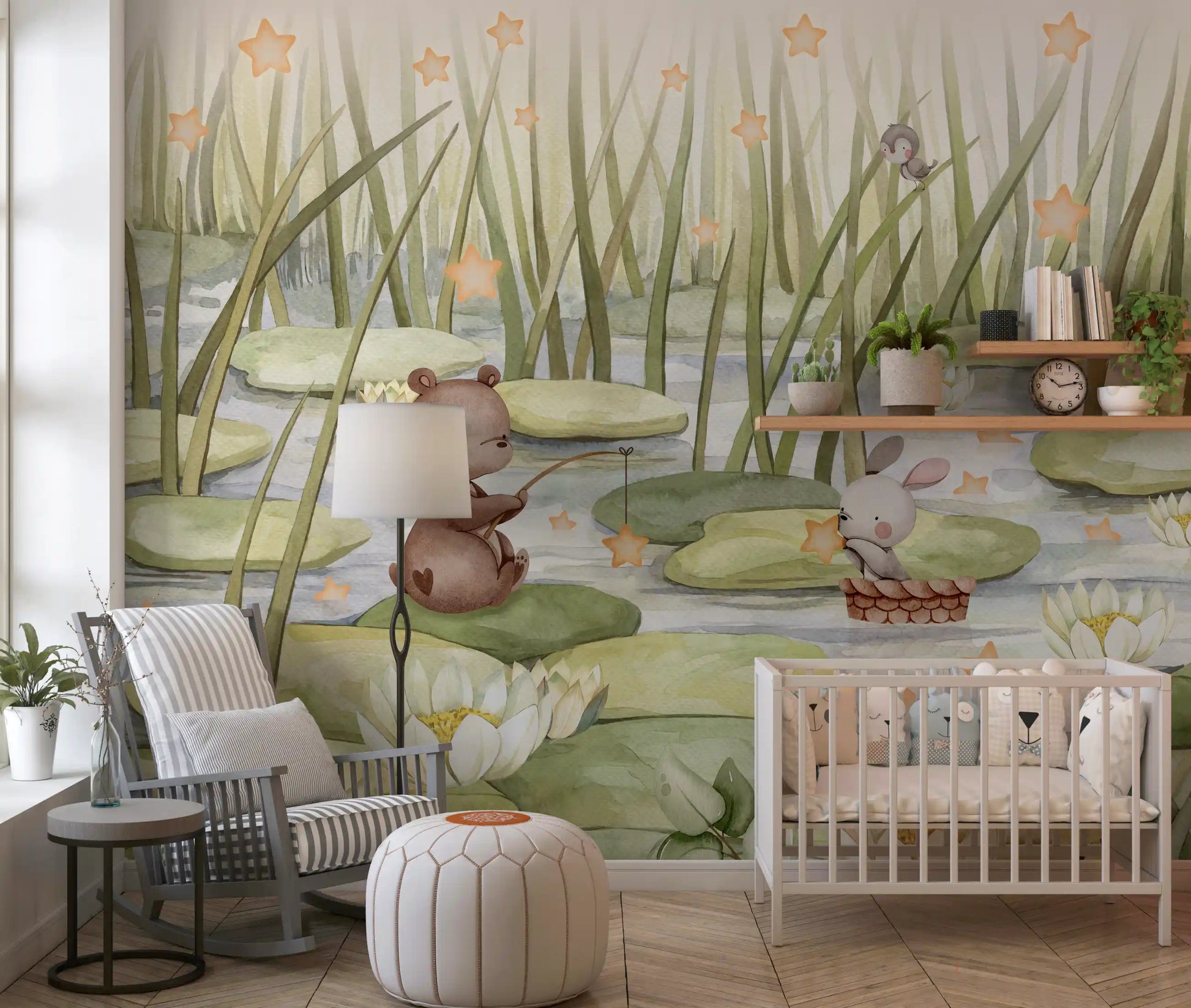 Starry Pond Soft pastel wall mural with lily pads and playful animal artwork