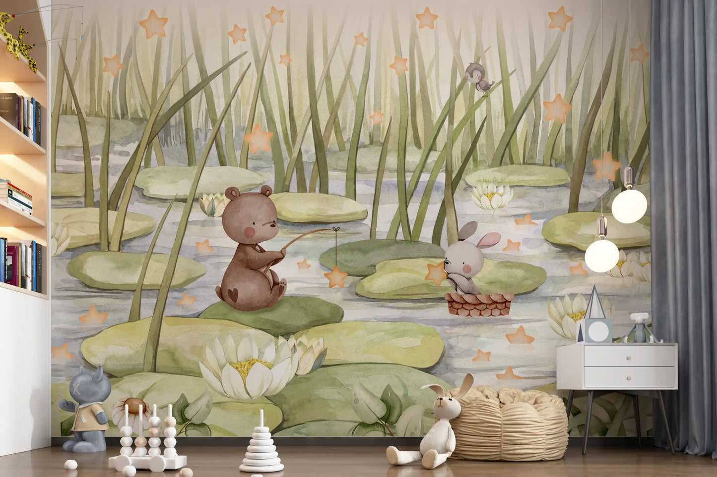 Kids room decor with starry pond wall mural and cute animal illustration
