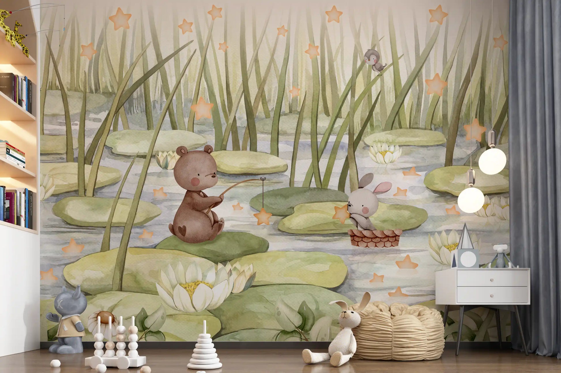 Kids room decor with starry pond wall mural and cute animal illustration