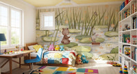 Cute animal wall mural with bear and bunny on pond scene