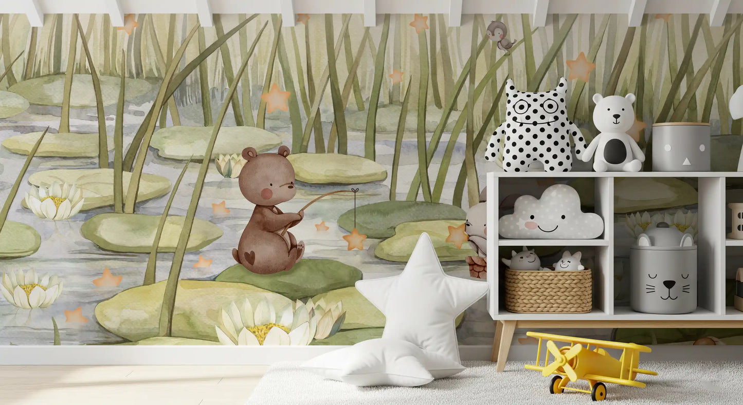 Playroom interior with cute animal wall mural and pond illustration