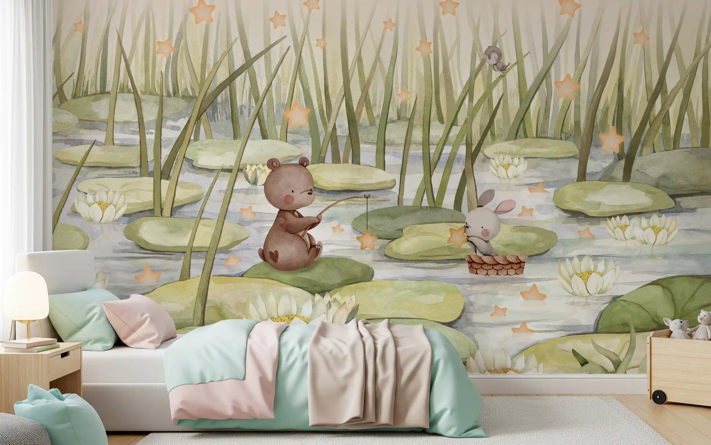 Bedroom styled cartoon pond wall mural with stars and bunny scene