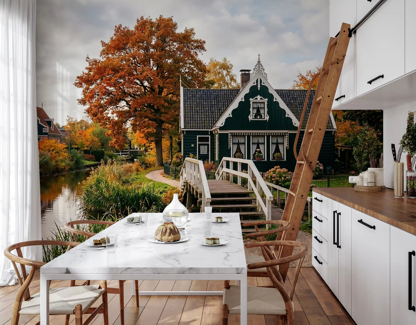 Dutch canal wall mural with autumn trees and reflective water scenery