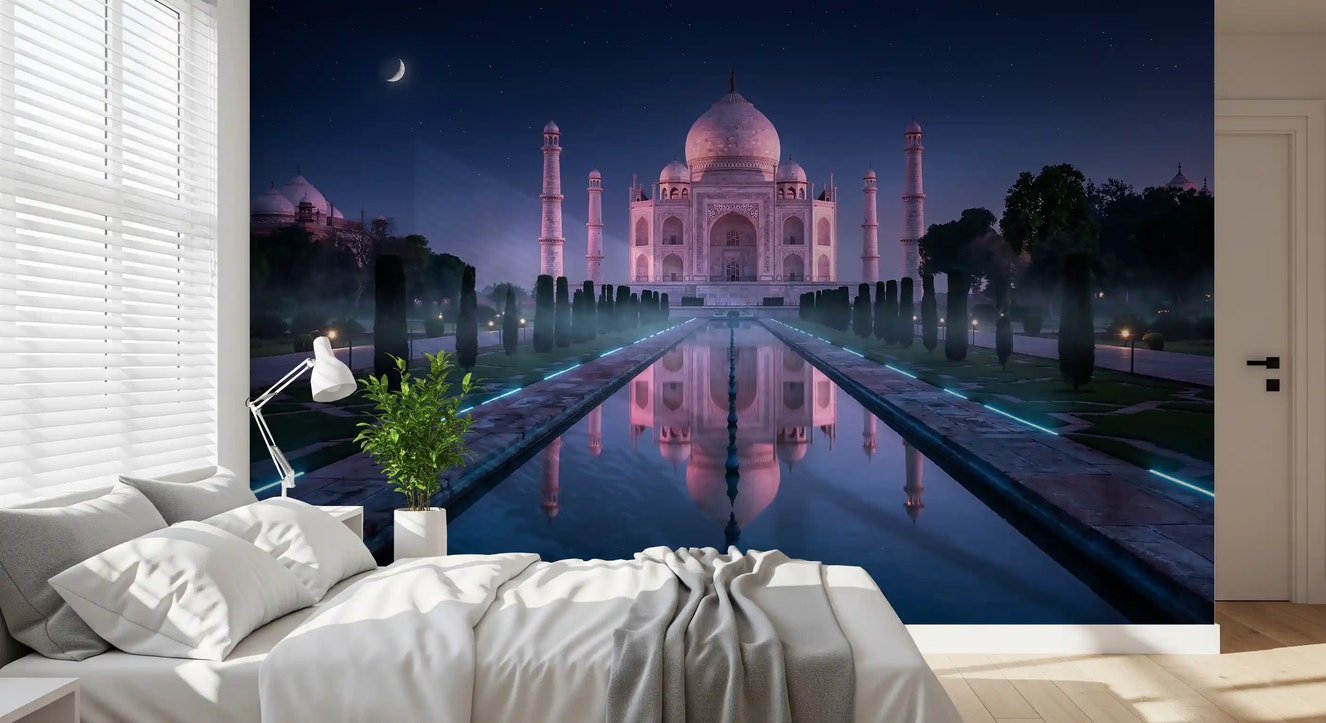 Bedroom styled Taj Mahal mural with moonlight sky and water reflection