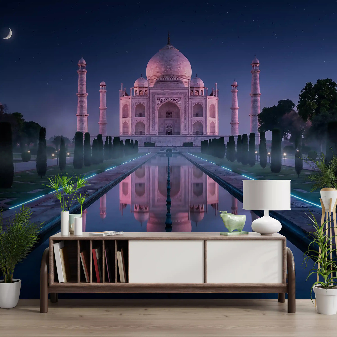 Taj Mahal wall mural with night sky and illuminated monument reflection
