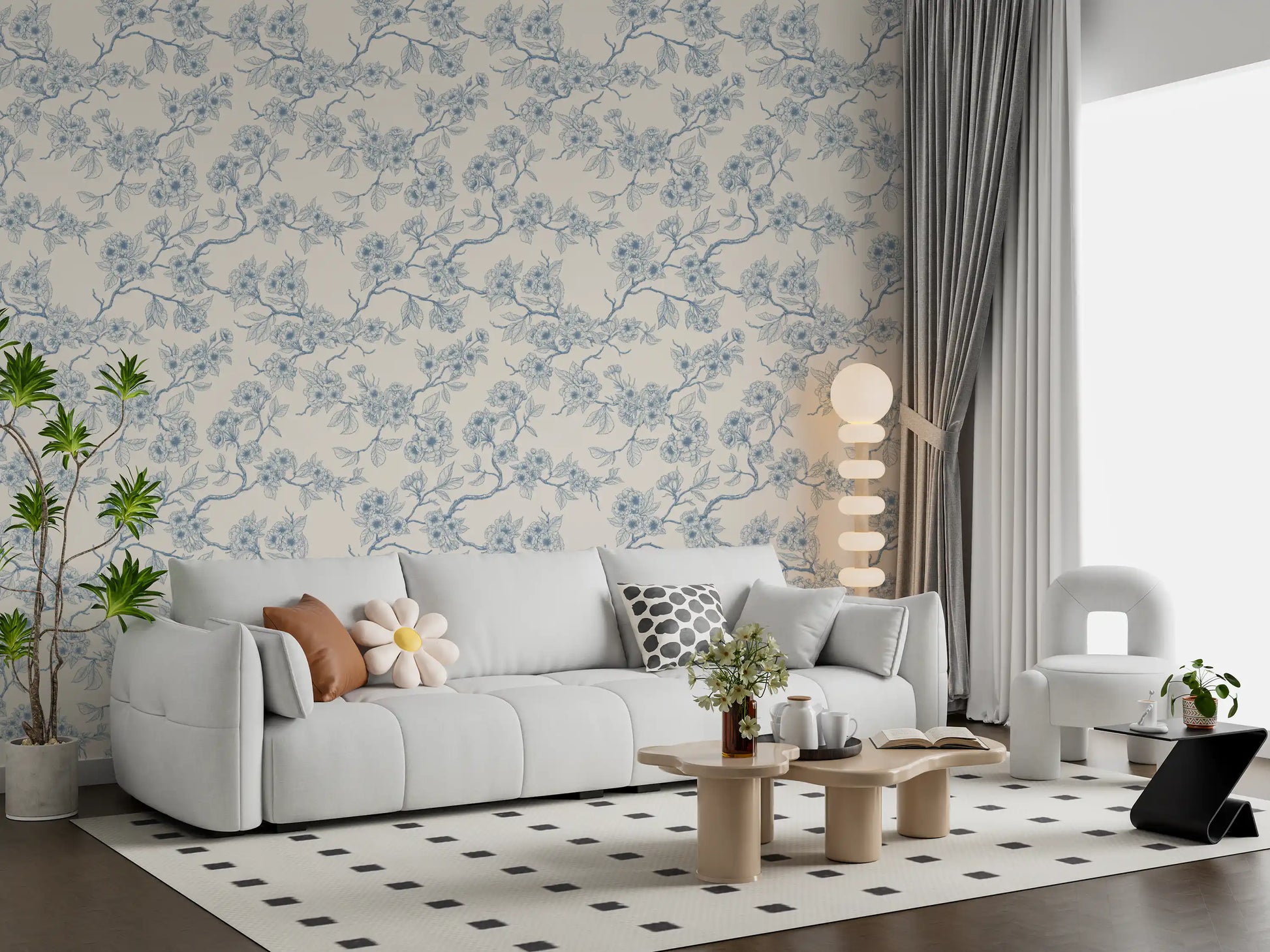 Hallway interior using botanical blossom wallpaper with fine line art design