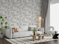 Hallway interior using botanical blossom wallpaper with fine line art design