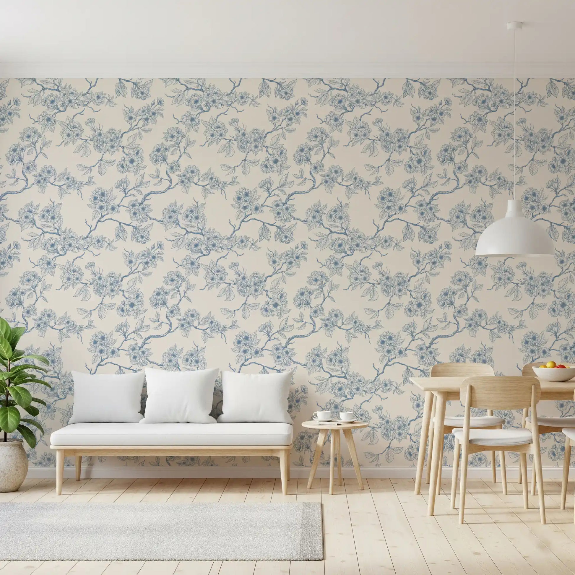 Artistic branch wallpaper with floral line work and soft background