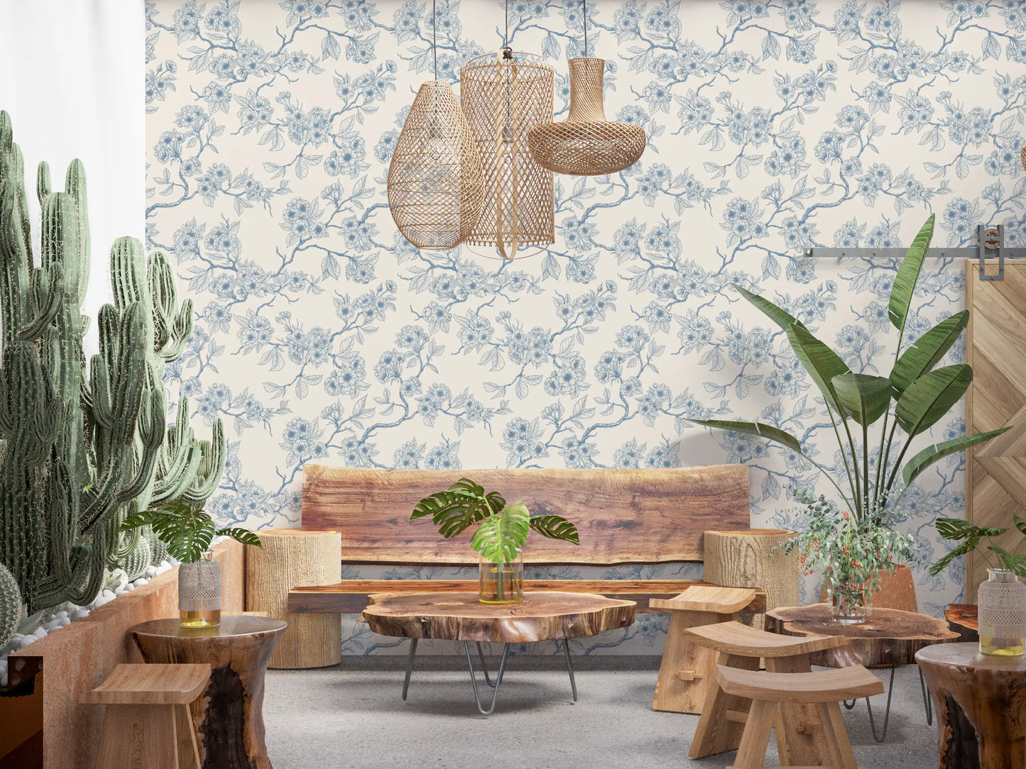 Blue line art wallpaper with cherry blossom branches and floral detailing