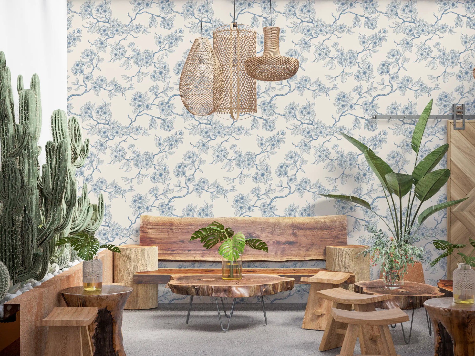 Blue line art wallpaper with cherry blossom branches and floral detailing