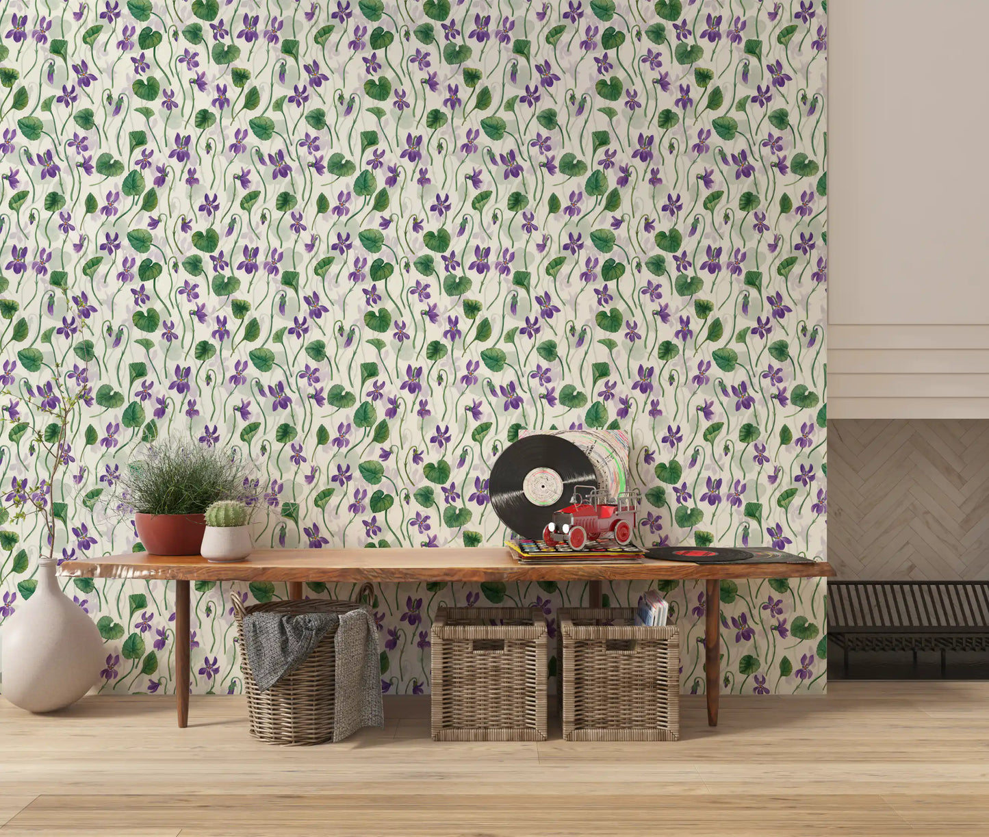 Watercolor violets on off white Wallpaper⁠