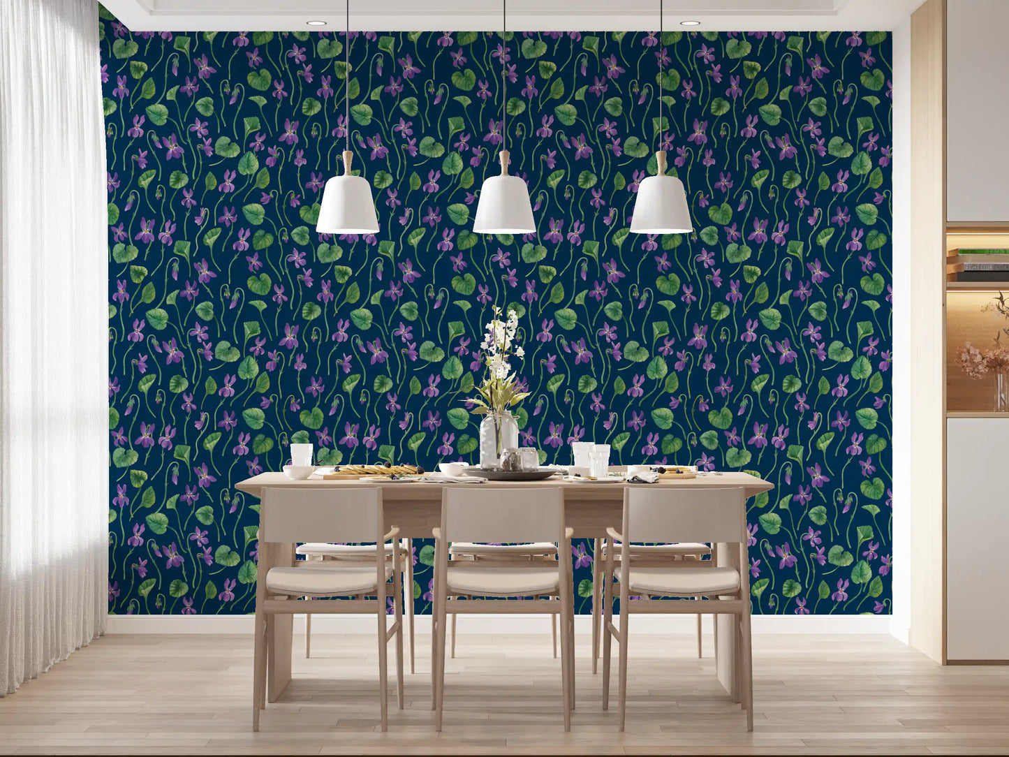 Nature inspired wallpaper with purple violets and soft watercolor texture