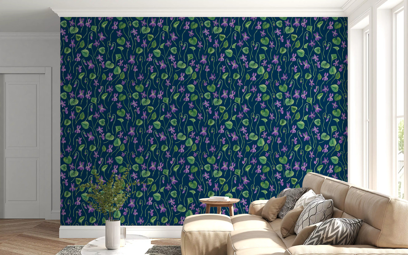 Living room decor with watercolor violets wallpaper and deep blue background