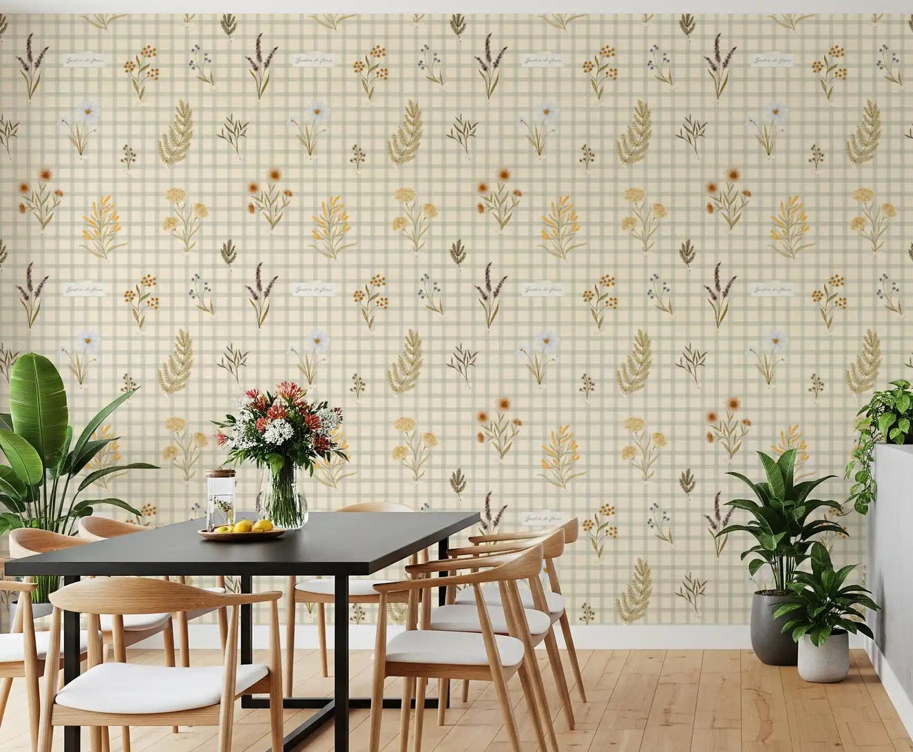 Dining area interior using botanical gingham wallpaper with neutral grid design