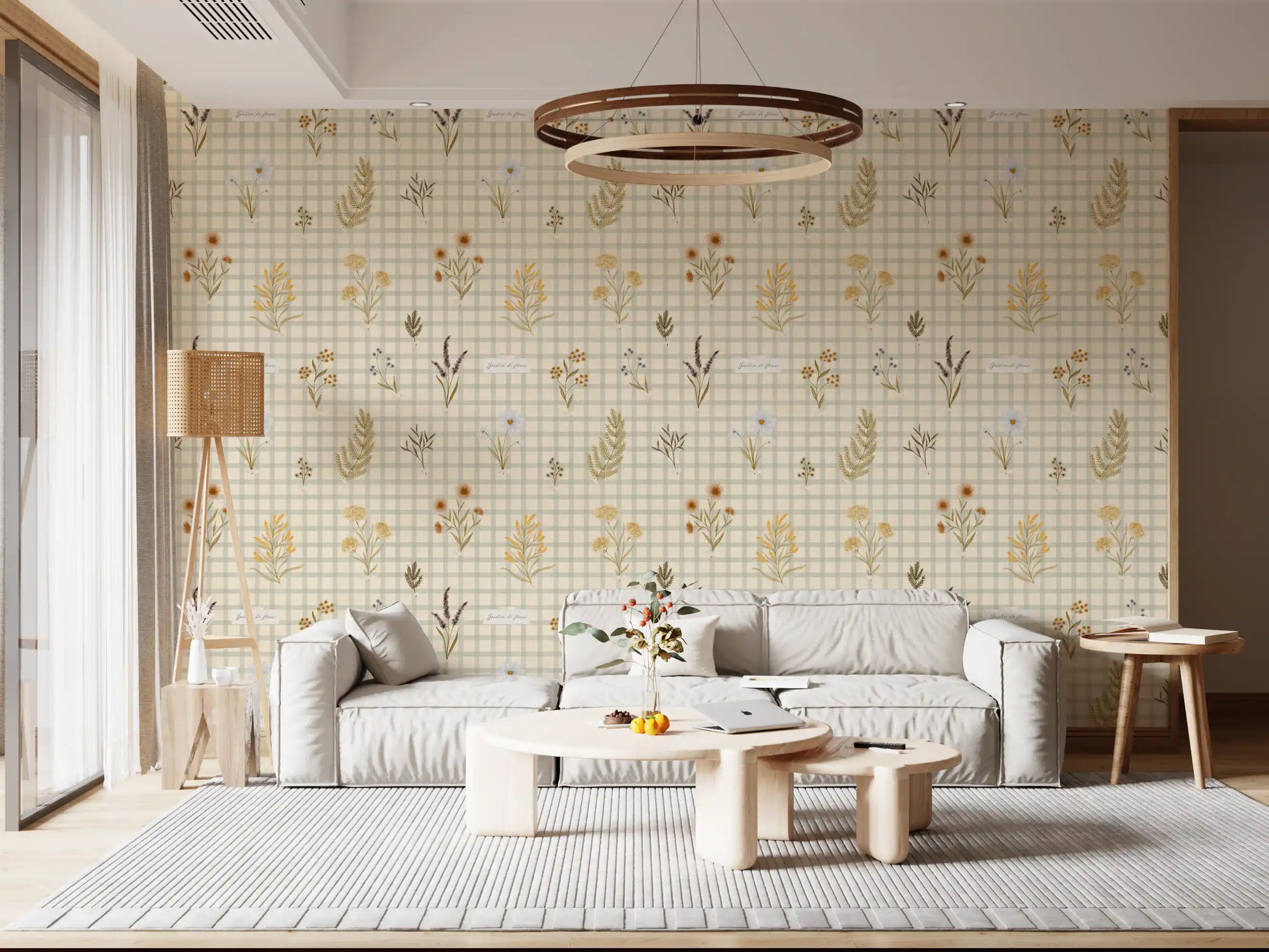 Hallway styled floral gingham wallpaper with pastel wildflower details