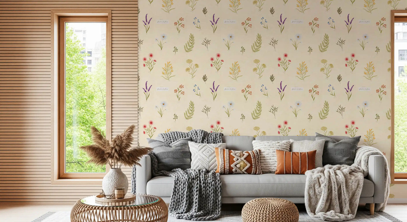 Botanical wildflower wallpaper with scattered floral stems and neutral tones