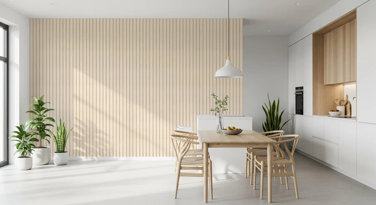 Neutral candy stripe wallpaper with vertical lines and canvas texture detail