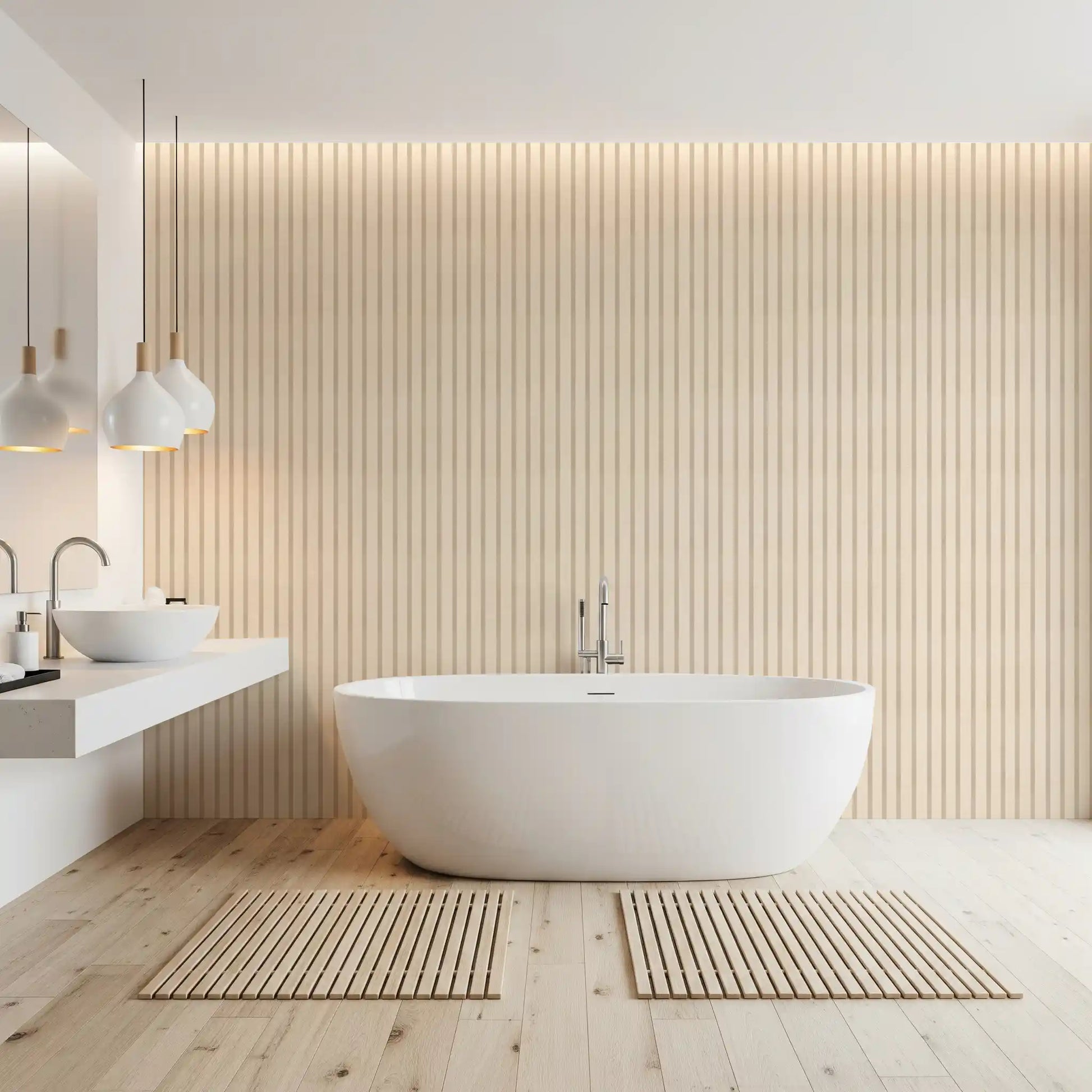 Elegant beige striped wallpaper with soft candy stripe and neutral tones