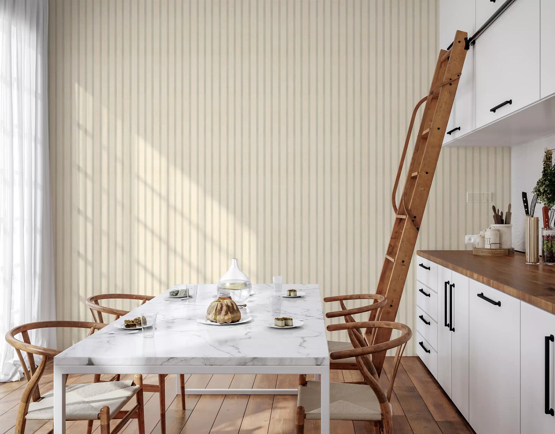 Dining room setup with soft candy stripe wallpaper and fabric texture