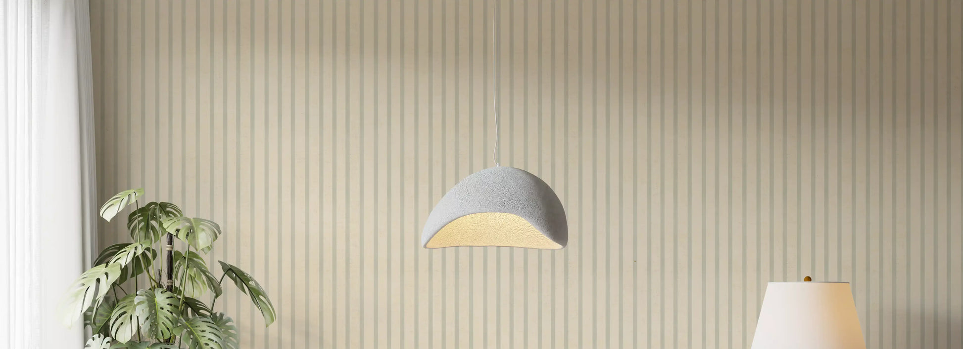 Bedroom styled vertical stripe wallpaper in soft beige and sage tones