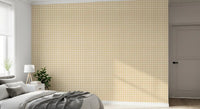 Bedroom interior using neutral gingham check wallpaper with canvas texture