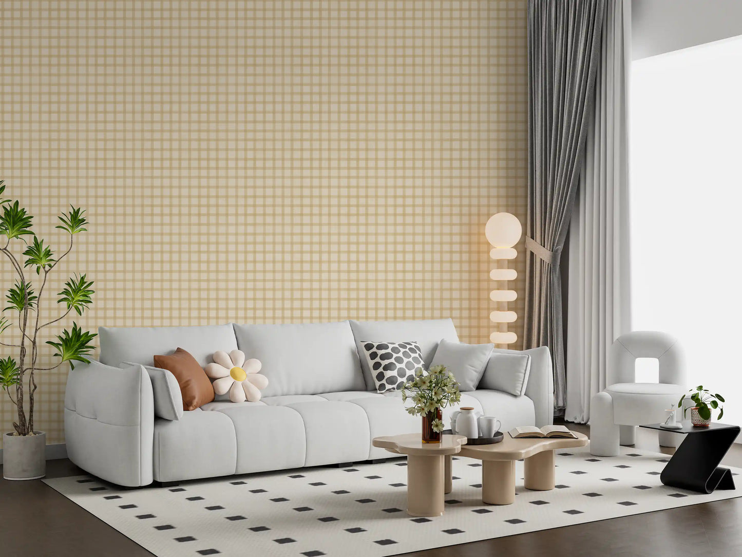 Hallway styling featuring muted gingham grid wallpaper in warm beige tones