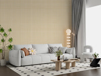 Hallway styling featuring muted gingham grid wallpaper in warm beige tones