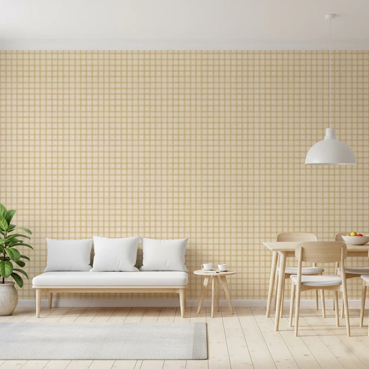 Soft taupe gingham wallpaper featuring fine plaid lines and fabric texture
