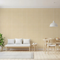 Soft taupe gingham wallpaper featuring fine plaid lines and fabric texture
