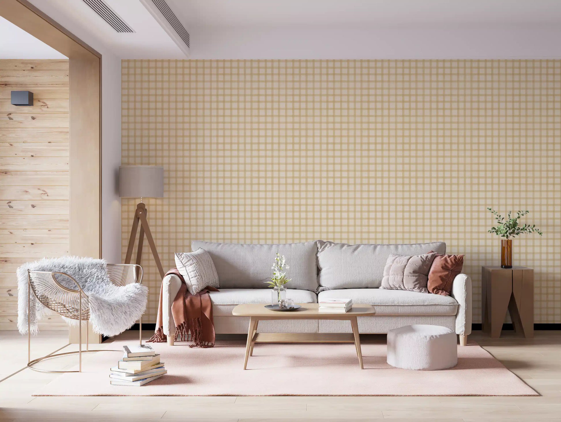 Living room decor with soft gingham canvas wallpaper in beige plaid grid