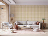 Living room decor with soft gingham canvas wallpaper in beige plaid grid