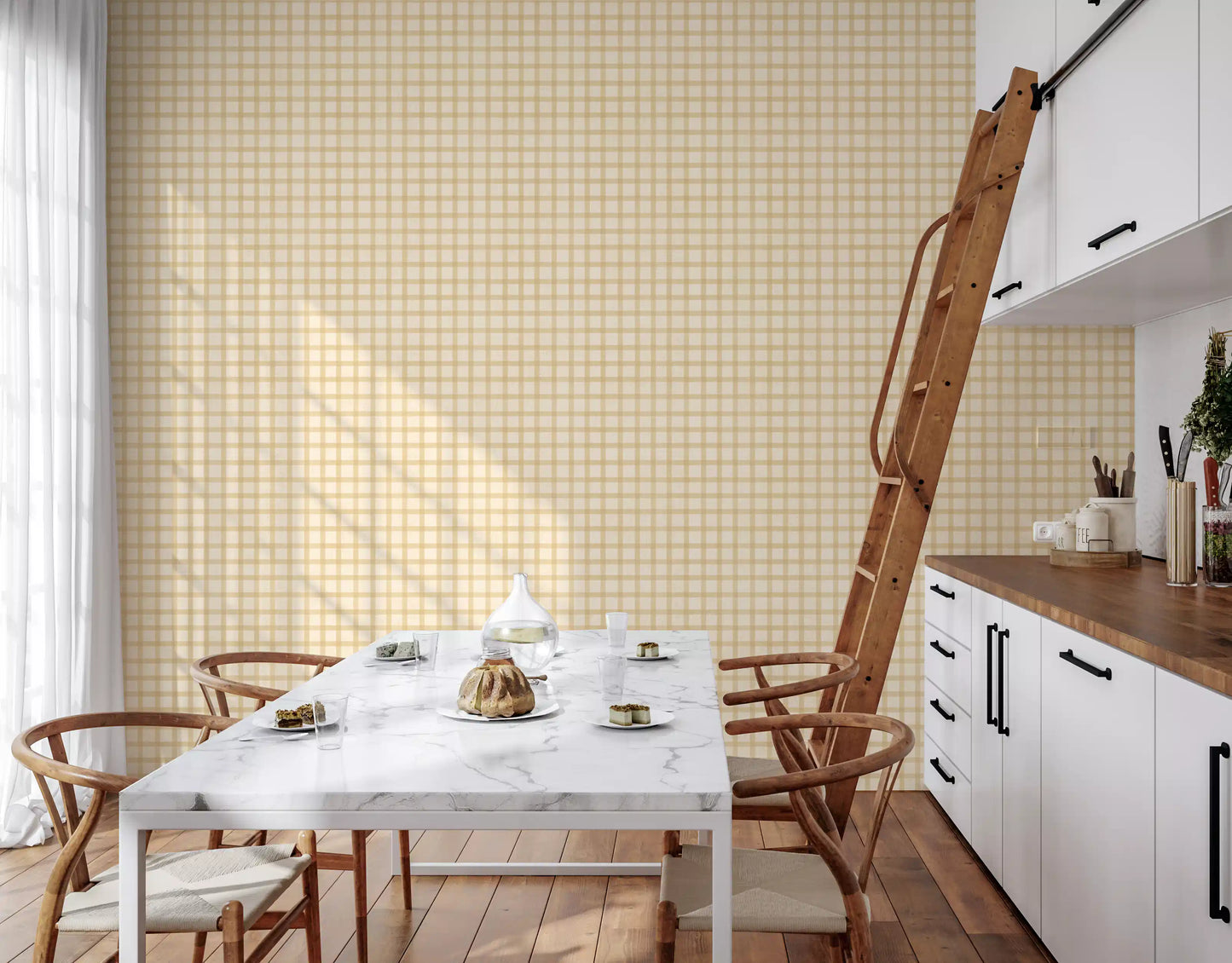 Neutral checkered wallpaper with gingham pattern and subtle canvas finish