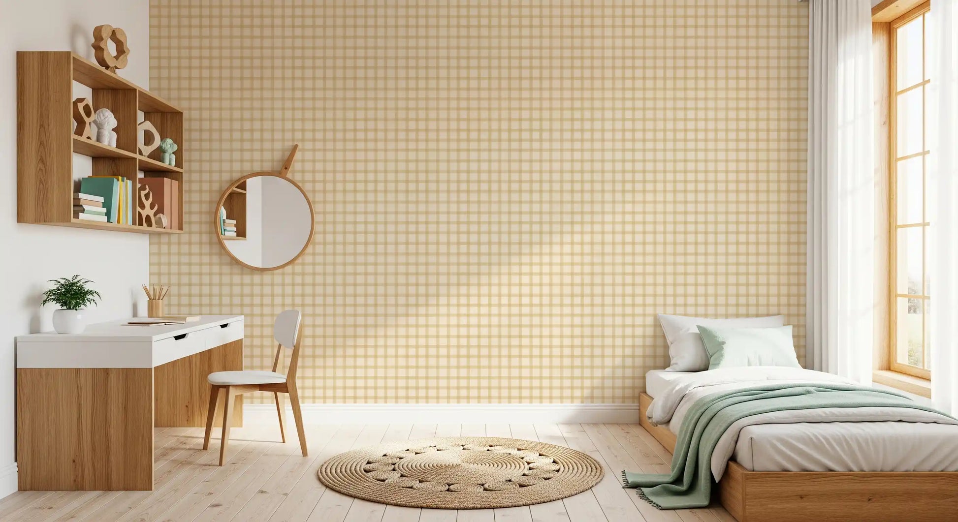 Farmhouse style gingham wallpaper in warm neutral and beige tones