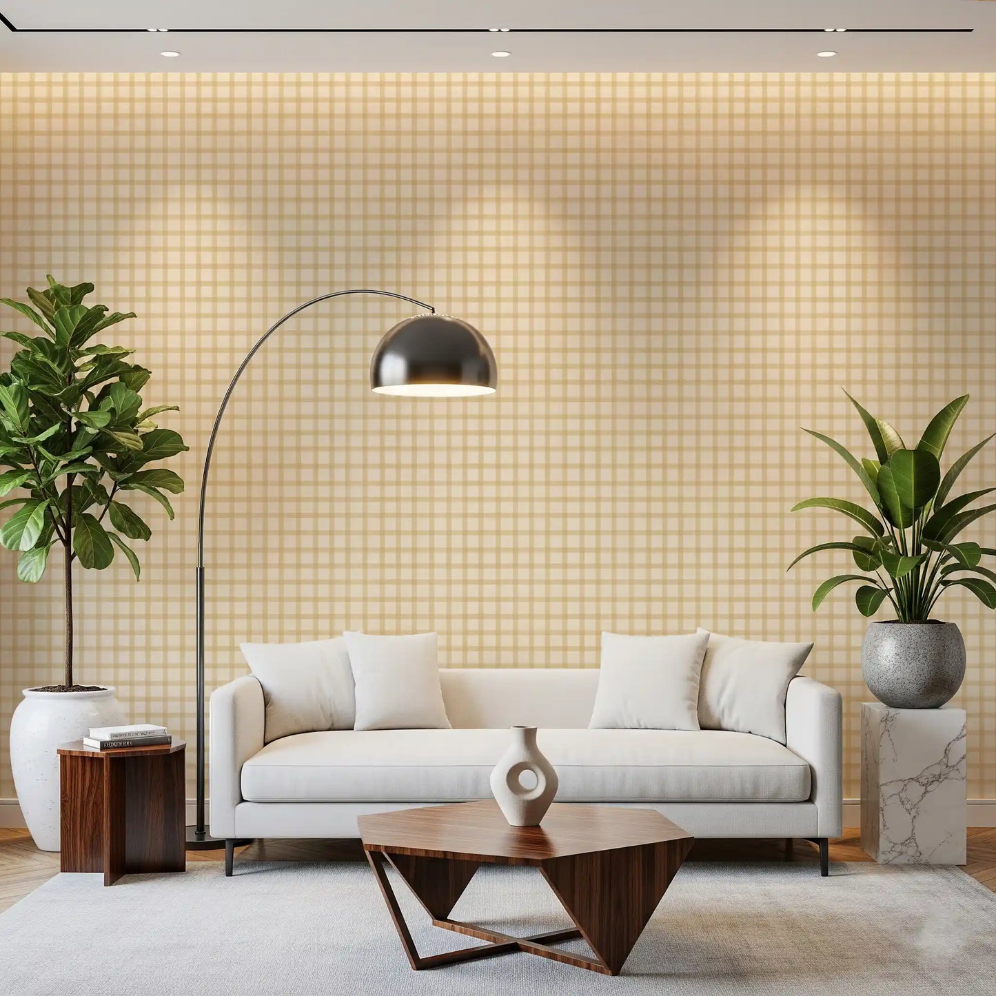 Canvas texture wallpaper with muted gingham grid in cream and tan shades