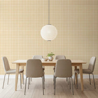 Warm beige gingham plaid dining area wallpaper showing soft grid and canvas effect