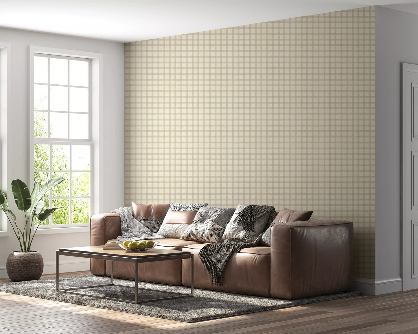 Hallway design using muted gingham grid wallpaper in beige tones
