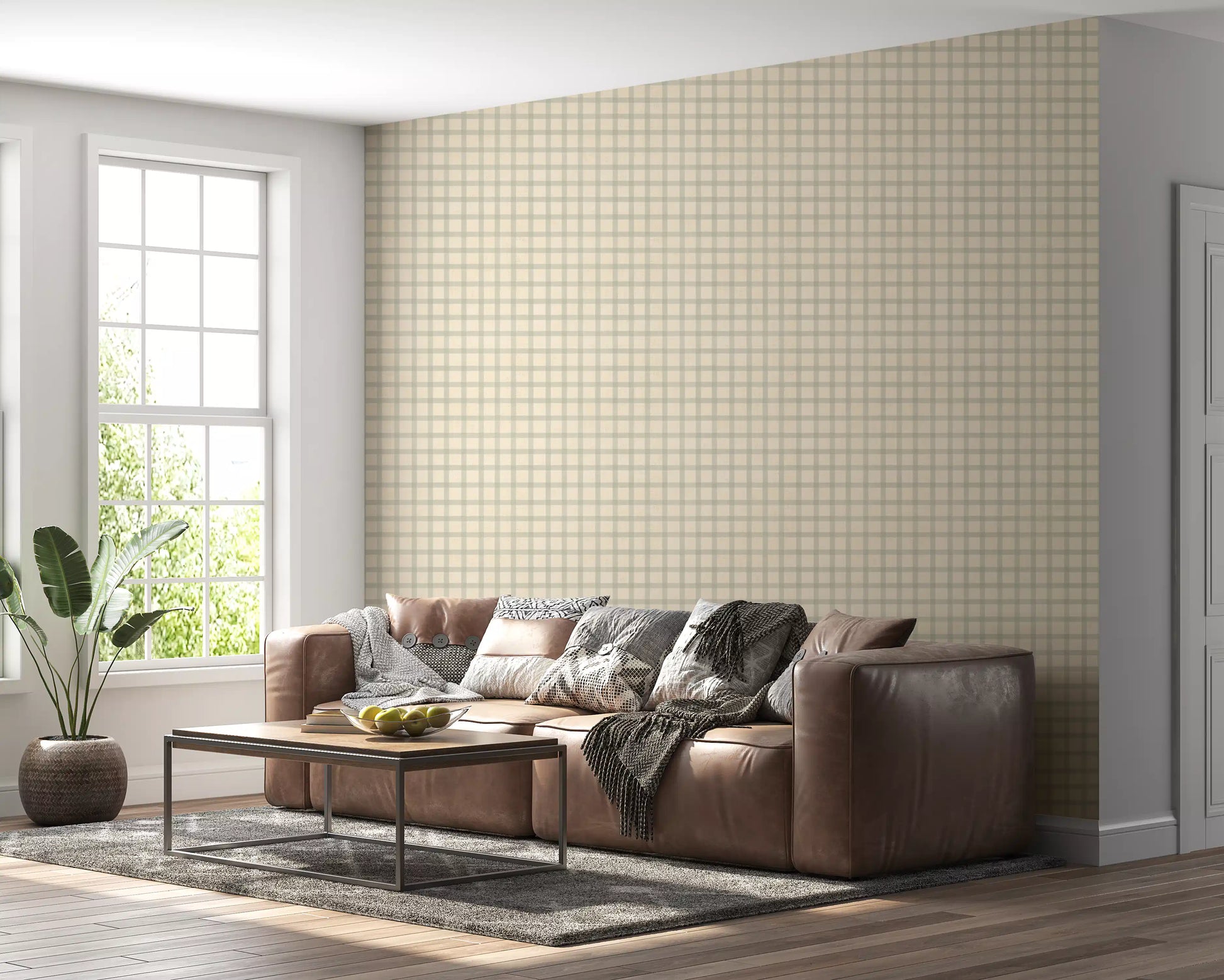 Hallway design using muted gingham grid wallpaper in beige tones